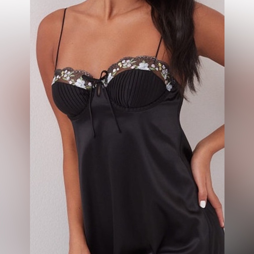 For Love & Lemons Black Satin Slip Dress with Floral Embroidered Bodice